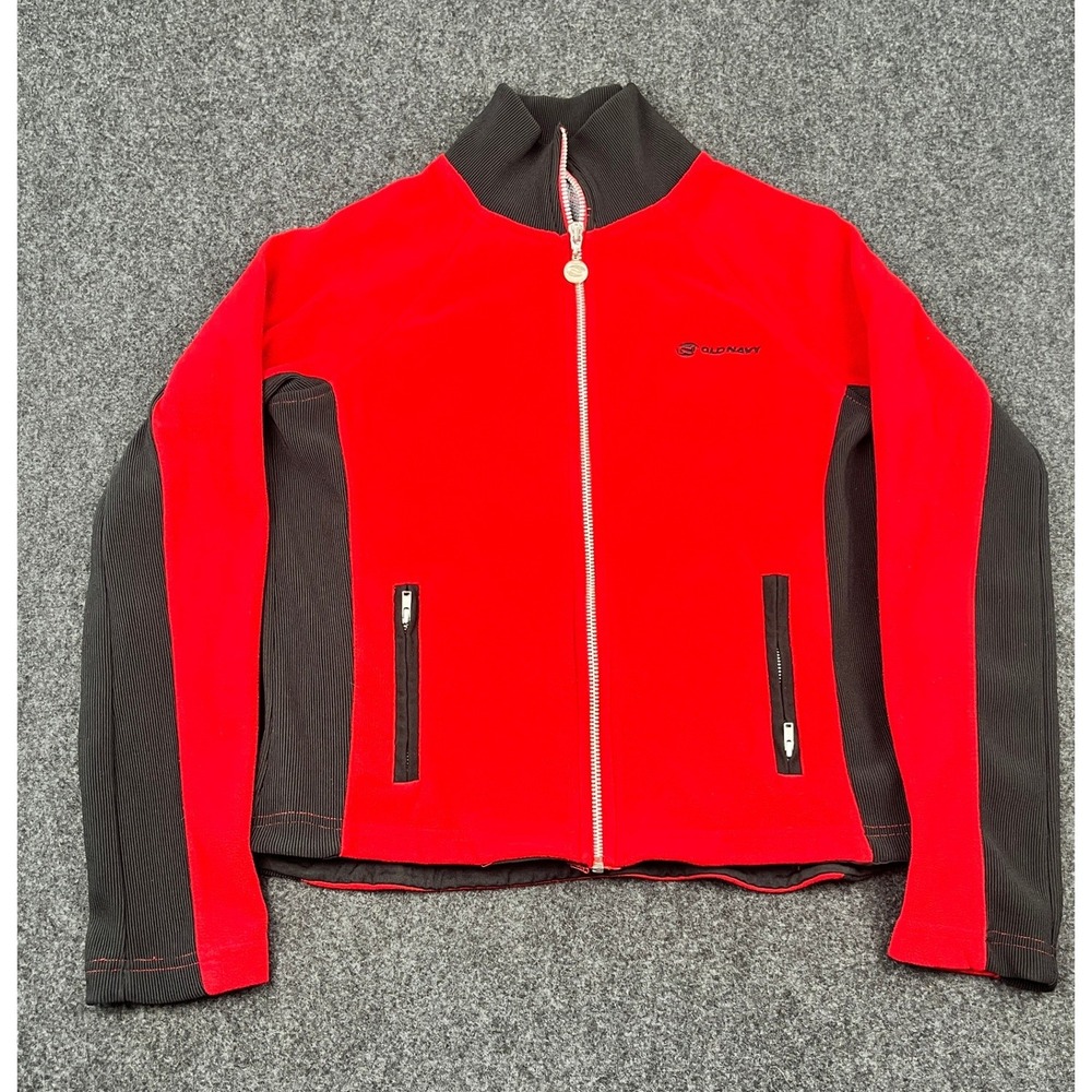 Vintage Y2K Old Navy Red Black‎ Fleece Track Jacket Womens Small Full Zip